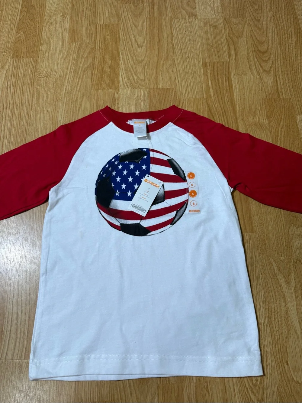 Kids Red & White Raglan Soccer Tee with USA Flag Graphic - Size 6
